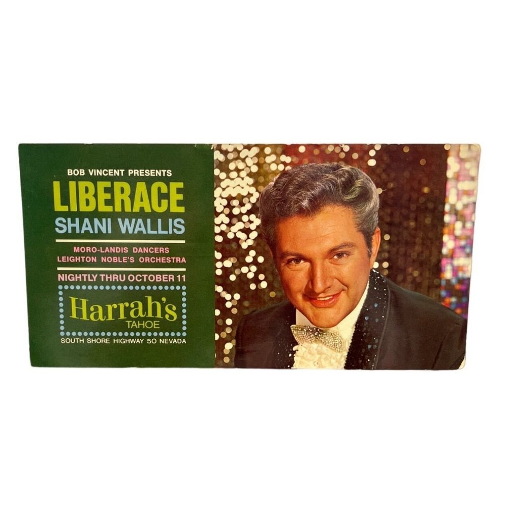 1964 Liberace and Shani Wallis at Harrahs Lake Tahoe Casino Postcard Hand Bill